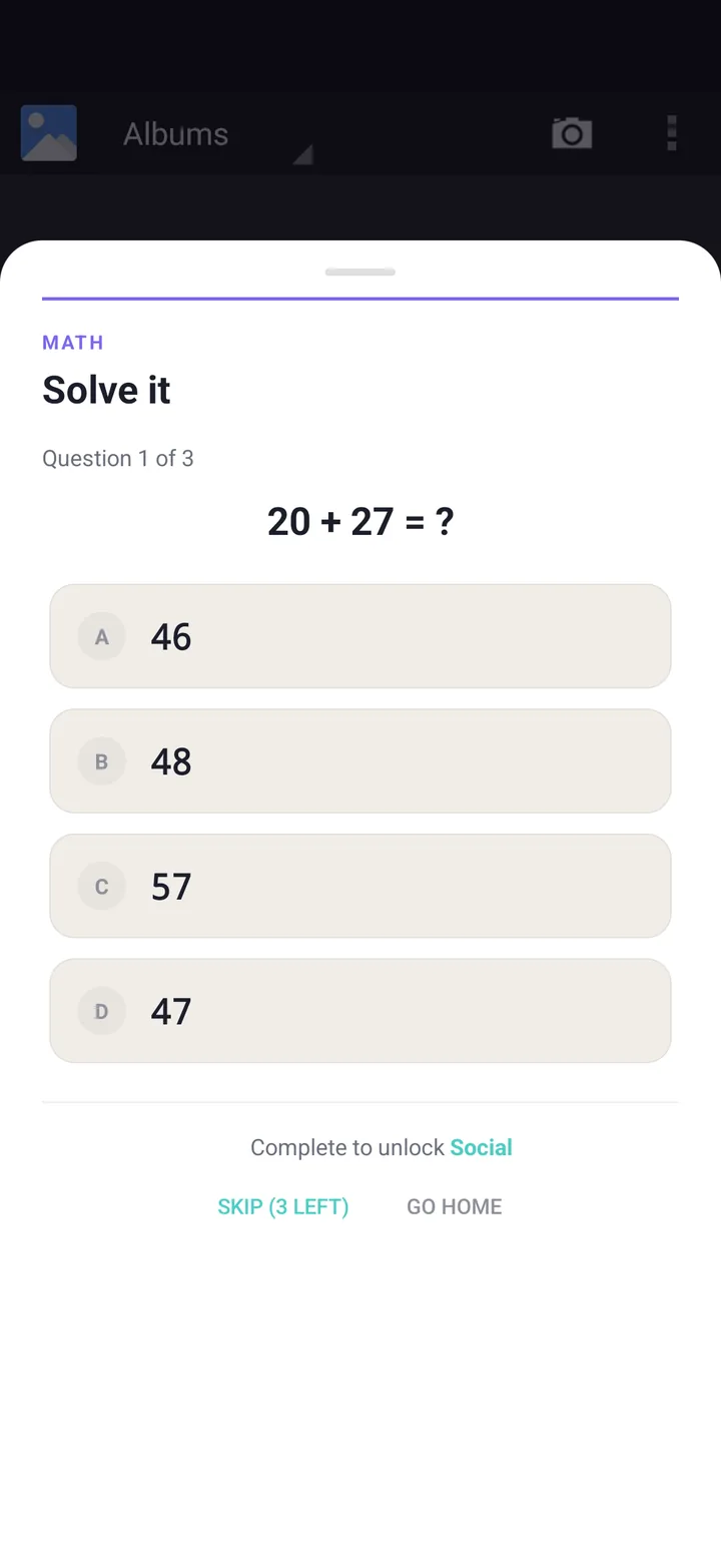 A Detour math challenge asking 20 plus 27 before Social opens