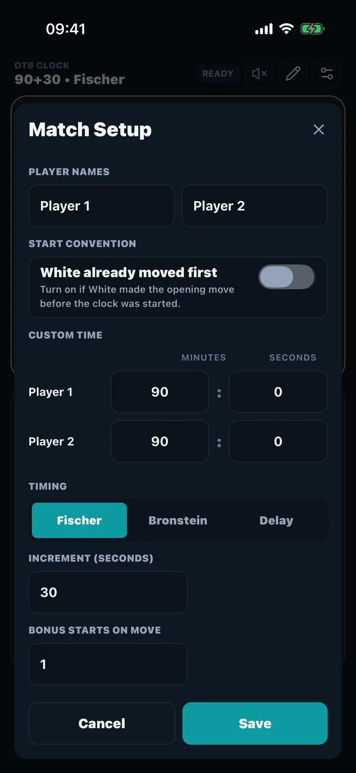 Match Setup with a 90 minute base time, 30 second Fischer increment from move 1