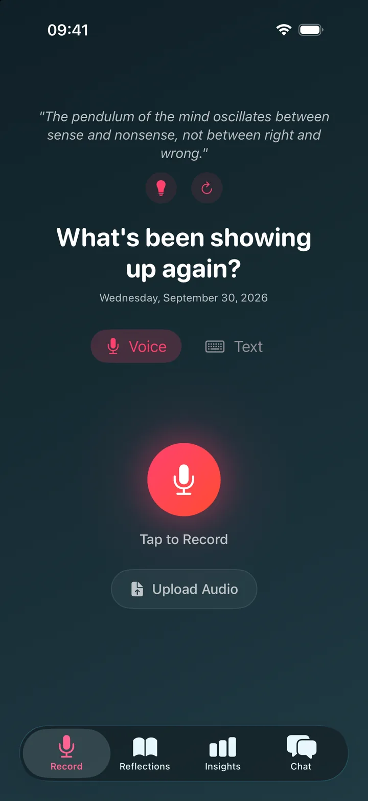 MindEcho's check-in screen asking what's been showing up again, with a Tap to Record button