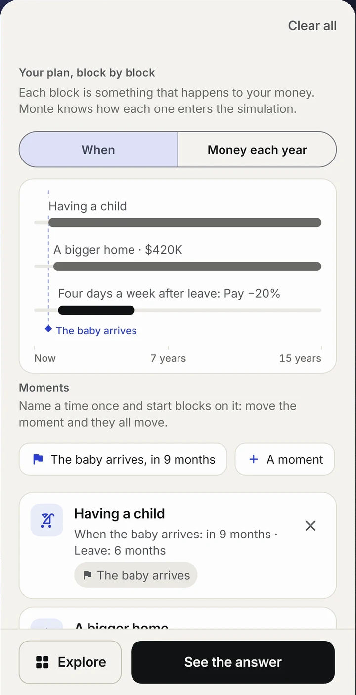 A plan built from blocks: having a child, a bigger home at $420K, four days a week after leave