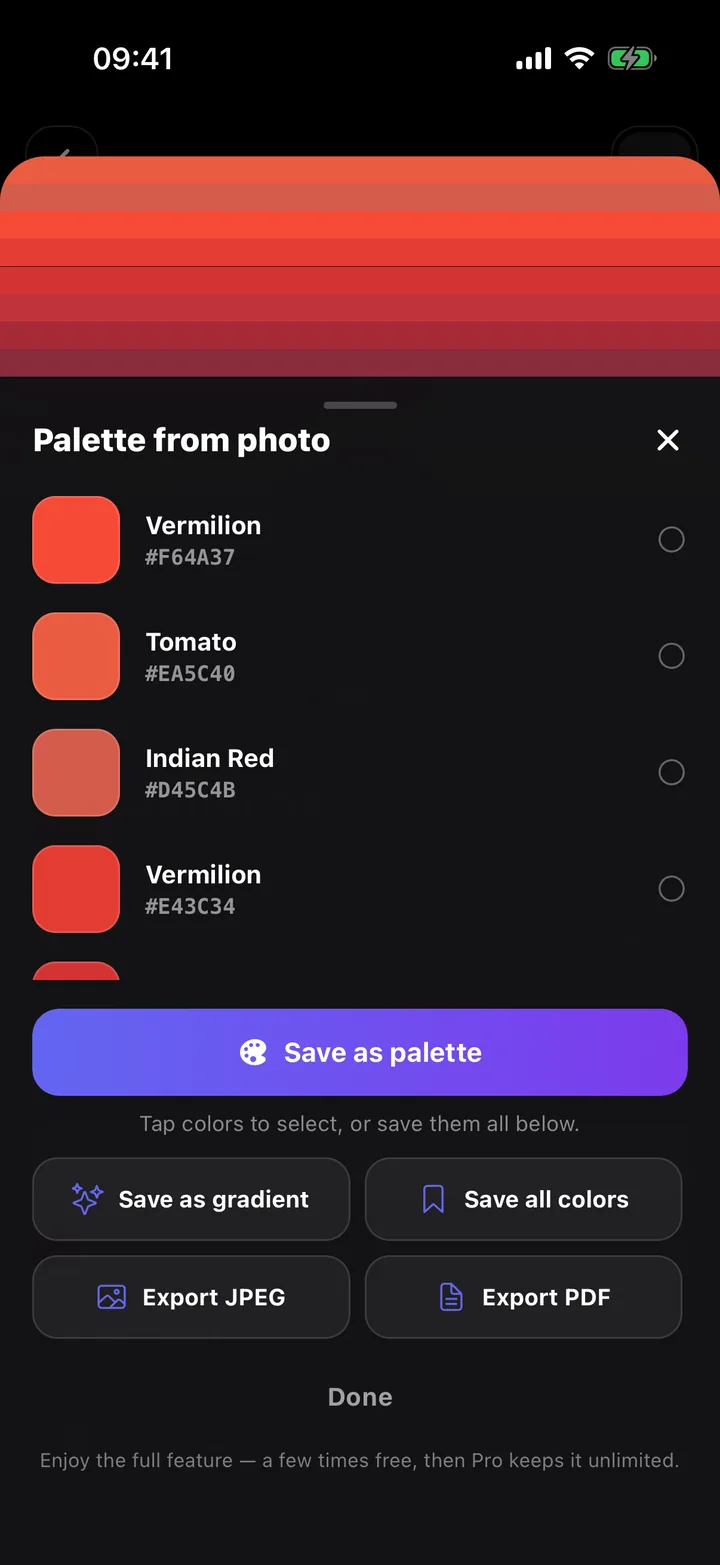 A palette extracted from a sunset photo, listing Vermilion, Tomato and Indian Red with their HEX codes