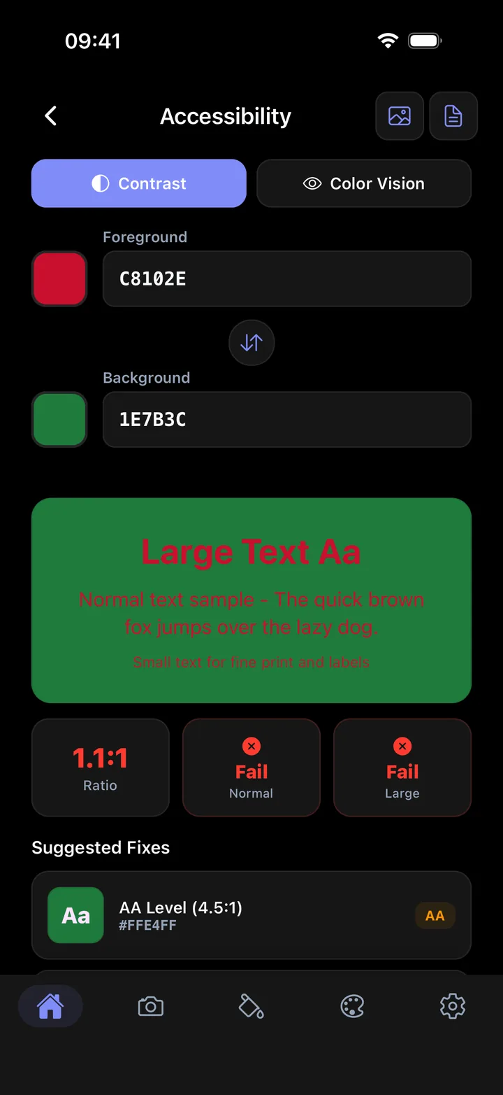 The contrast checker showing red text on green failing WCAG contrast