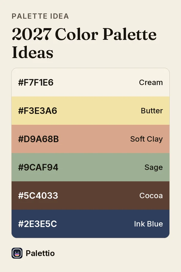 Six stacked color bands on cream paper titled 2027 Color Palette Ideas: Cream #F7F1E6, Butter #F3E3A6, Soft Clay #D9A68B, Sage #9CAF94, Cocoa #5C4033, Ink Blue #2E3E5C.