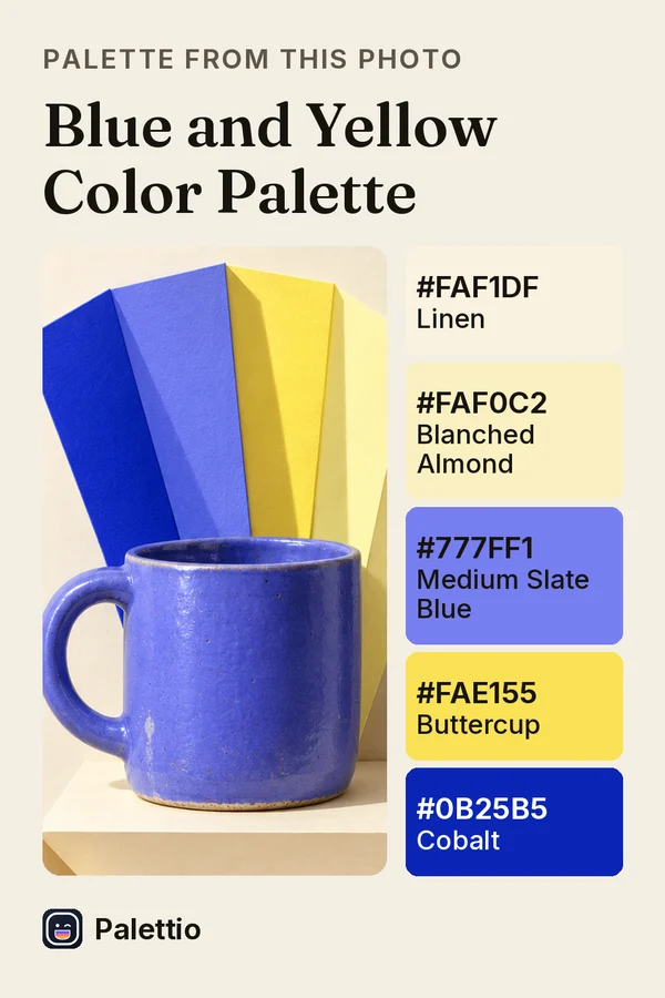 A cobalt-blue glazed mug in front of folded blue and yellow paper on a cream shelf, beside 5 swatches with their hex codes: #FAF1DF, #FAF0C2, #777FF1, #FAE155, #0B25B5.