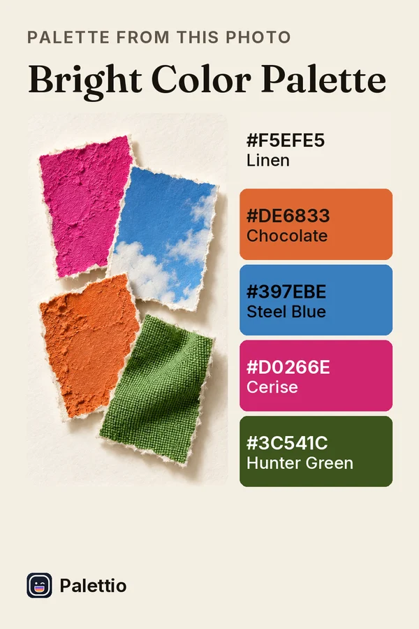 Torn paper swatches in magenta, sky blue, orange and moss green on cream paper, beside 5 swatches with their hex codes: #F5EFE5, #DE6833, #397EBE, #D0266E, #3C541C.