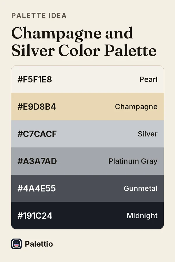 Six stacked color bands on cream paper titled Champagne and Silver Color Palette: Pearl #F5F1E8, Champagne #E9D8B4, Silver #C7CACF, Platinum Gray #A3A7AD, Gunmetal #4A4E55, Midnight #191C24.