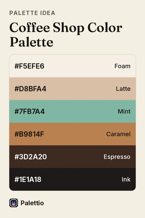 Six stacked color bands on cream paper titled Coffee Shop Color Palette: Foam #F5EFE6, Latte #D8BFA4, Mint #7FB7A4, Caramel #B9814F, Espresso #3D2A20, Ink #1E1A18.