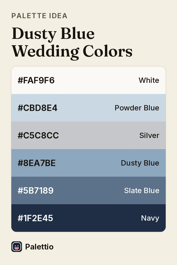 Six stacked color bands on cream paper titled Dusty Blue Wedding Colors: White #FAF9F6, Powder Blue #CBD8E4, Silver #C5C8CC, Dusty Blue #8EA7BE, Slate Blue #5B7189, Navy #1F2E45.