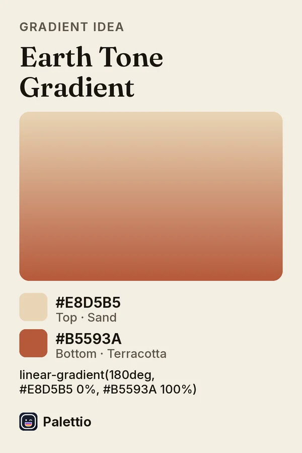 A gradient card on cream paper titled Earth Tone Gradient: a vertical gradient from sand #E8D5B5 to terracotta #B5593A, with the CSS code below it.