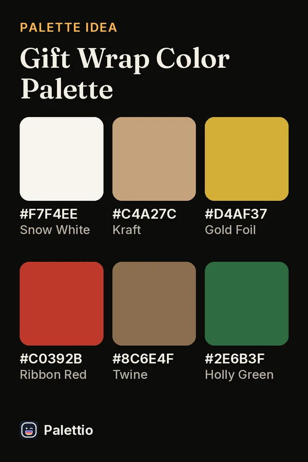 Six color chips on a dark page titled Gift Wrap Color Palette: Snow White #F7F4EE, Kraft #C4A27C, Gold Foil #D4AF37, Ribbon Red #C0392B, Twine #8C6E4F, Holly Green #2E6B3F.