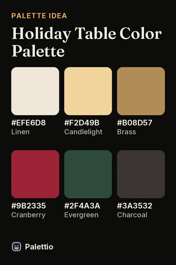Six color chips on a dark page titled Holiday Table Color Palette: Linen #EFE6D8, Candlelight #F2D49B, Brass #B08D57, Cranberry #9B2335, Evergreen #2F4A3A, Charcoal #3A3532.