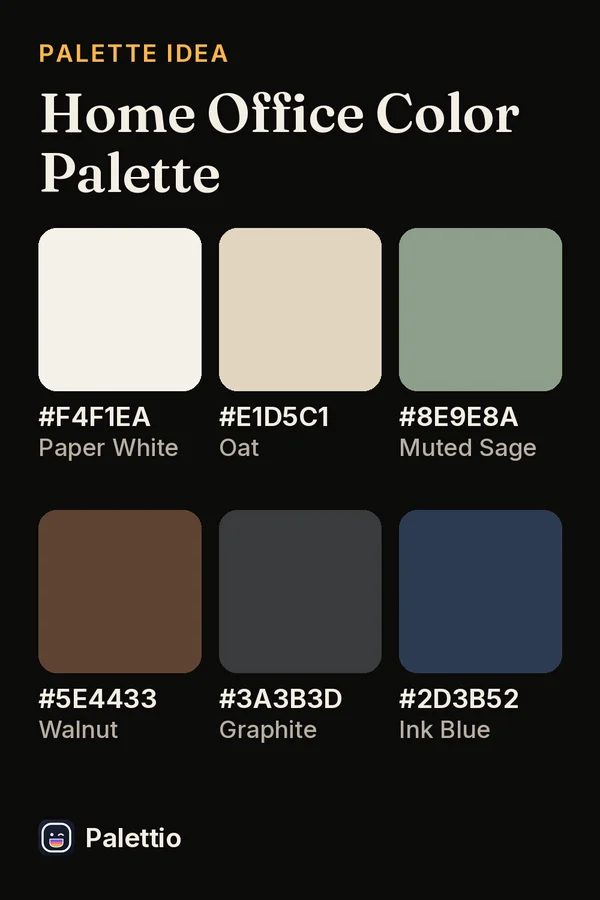 Six color chips on a dark page titled Home Office Color Palette: Paper White #F4F1EA, Oat #E1D5C1, Muted Sage #8E9E8A, Walnut #5E4433, Graphite #3A3B3D, Ink Blue #2D3B52.