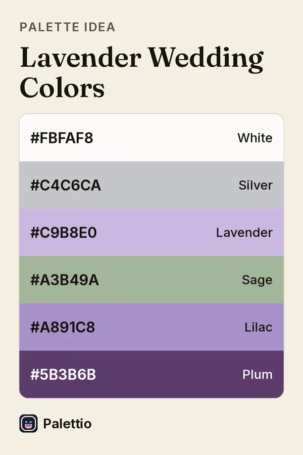 Six stacked color bands on cream paper titled Lavender Wedding Colors: White #FBFAF8, Silver #C4C6CA, Lavender #C9B8E0, Sage #A3B49A, Lilac #A891C8, Plum #5B3B6B.