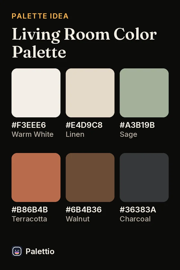 Six color chips on a dark page titled Living Room Color Palette: Warm White #F3EEE6, Linen #E4D9C8, Sage #A3B19B, Terracotta #B86B4B, Walnut #6B4B36, Charcoal #36383A.