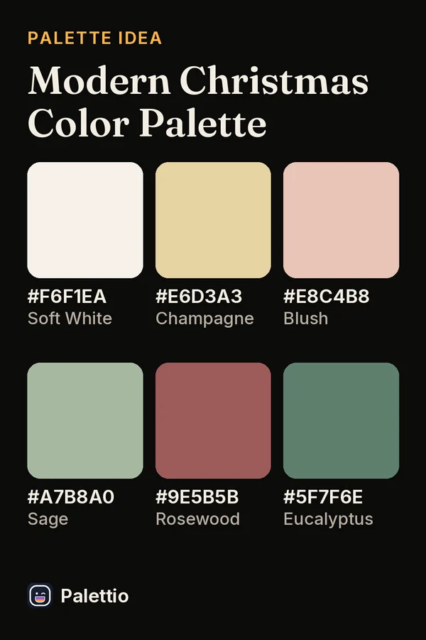Six color chips on a dark page titled Modern Christmas Color Palette: Soft White #F6F1EA, Champagne #E6D3A3, Blush #E8C4B8, Sage #A7B8A0, Rosewood #9E5B5B, Eucalyptus #5F7F6E.