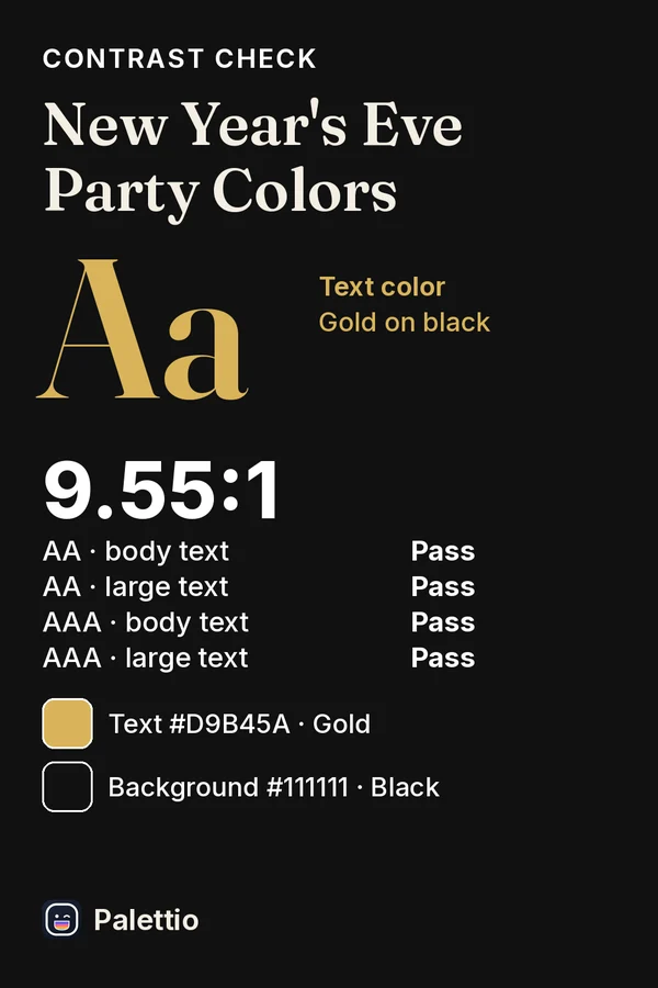 A contrast check headed 'New Year's Eve Party Colors': gold #D9B45A text on a black #111111 background, ratio 9.55:1, with pass or fail for WCAG AA and AAA, body and large text.
