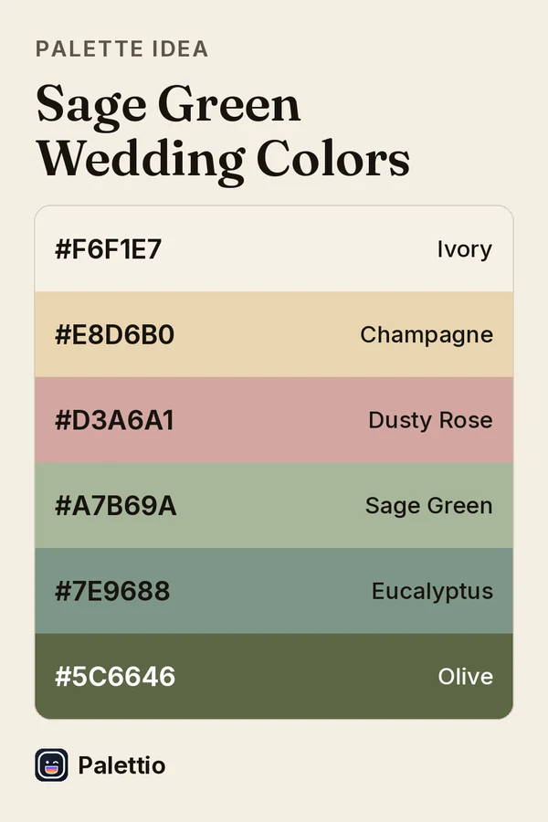 Six stacked color bands on cream paper titled Sage Green Wedding Colors: Ivory #F6F1E7, Champagne #E8D6B0, Dusty Rose #D3A6A1, Sage Green #A7B69A, Eucalyptus #7E9688, Olive #5C6646.