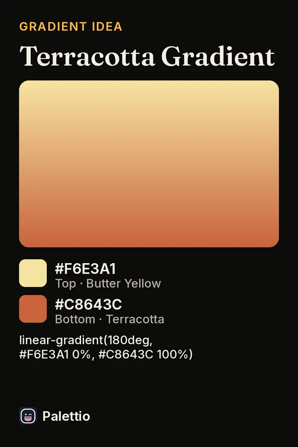 A gradient card on a dark page titled Terracotta Gradient: a vertical gradient from butter yellow #F6E3A1 to terracotta #C8643C, with the CSS code below it.