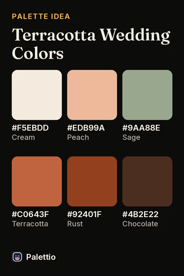 Six color chips on a dark page titled Terracotta Wedding Colors: Cream #F5EBDD, Peach #EDB99A, Sage #9AA88E, Terracotta #C0643F, Rust #92401F, Chocolate #4B2E22.
