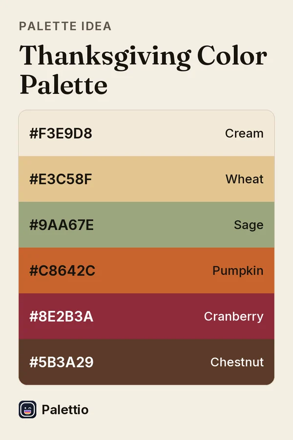 Six stacked color bands on cream paper titled Thanksgiving Color Palette: Cream #F3E9D8, Wheat #E3C58F, Sage #9AA67E, Pumpkin #C8642C, Cranberry #8E2B3A, Chestnut #5B3A29.
