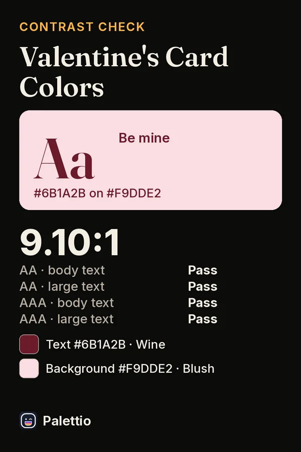 A contrast check headed 'Valentine's Card Colors': wine #6B1A2B text on a blush #F9DDE2 background, ratio 9.10:1, with pass or fail for WCAG AA and AAA, body and large text.