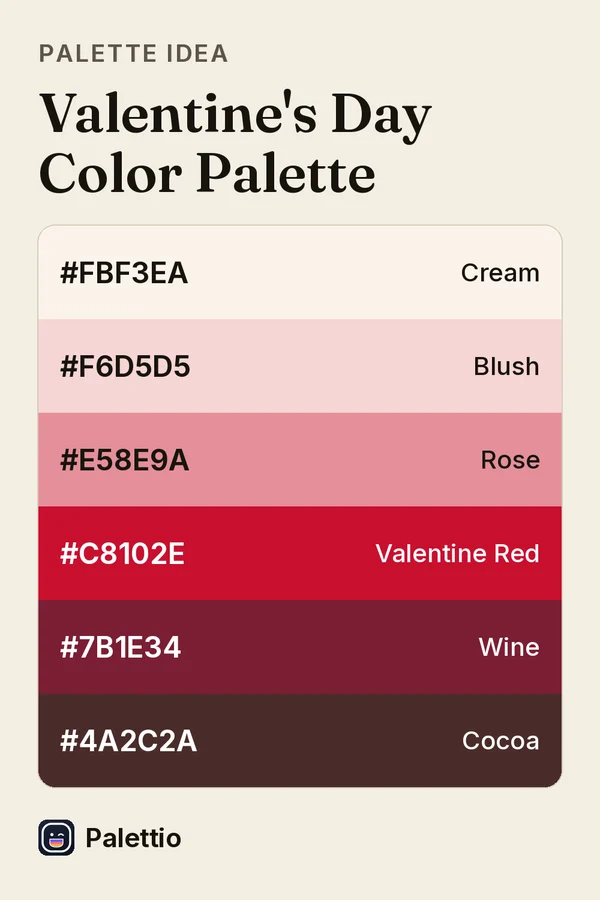 Six stacked color bands on cream paper titled Valentine's Day Color Palette: Cream #FBF3EA, Blush #F6D5D5, Rose #E58E9A, Valentine Red #C8102E, Wine #7B1E34, Cocoa #4A2C2A.