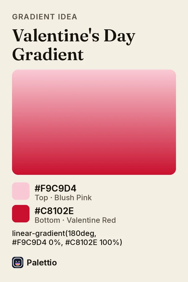 A gradient card on cream paper titled Valentine's Day Gradient: a vertical gradient from blush pink #F9C9D4 to valentine red #C8102E, with the CSS code below it.