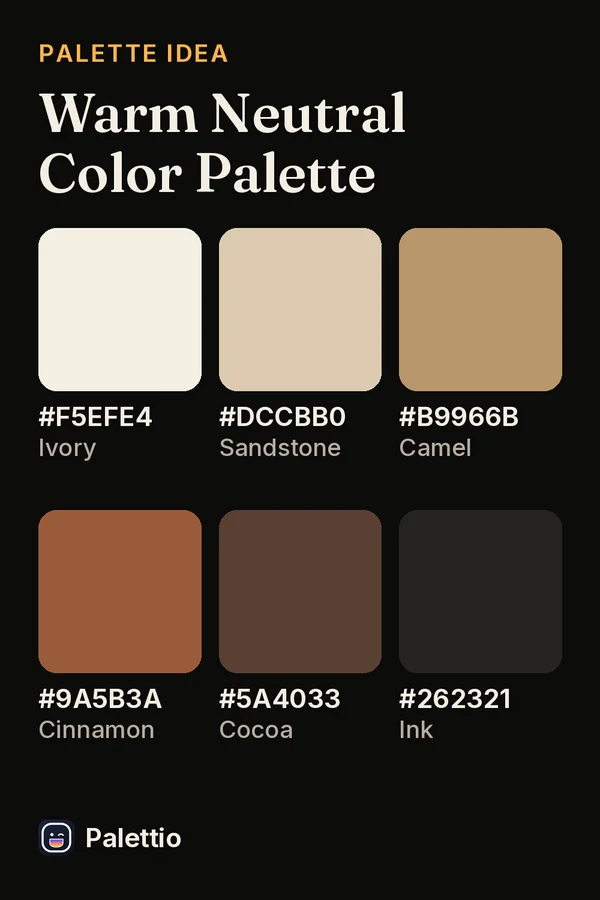 Six color chips on a dark page titled Warm Neutral Color Palette: Ivory #F5EFE4, Sandstone #DCCBB0, Camel #B9966B, Cinnamon #9A5B3A, Cocoa #5A4033, Ink #262321.