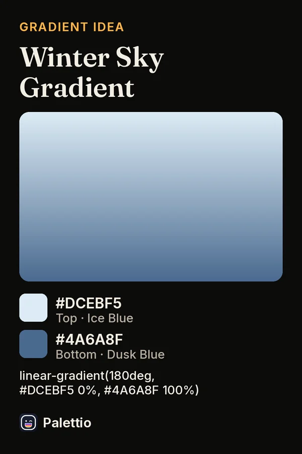 A gradient card on a dark page titled Winter Sky Gradient: a vertical gradient from ice blue #DCEBF5 to dusk blue #4A6A8F, with the CSS code below it.